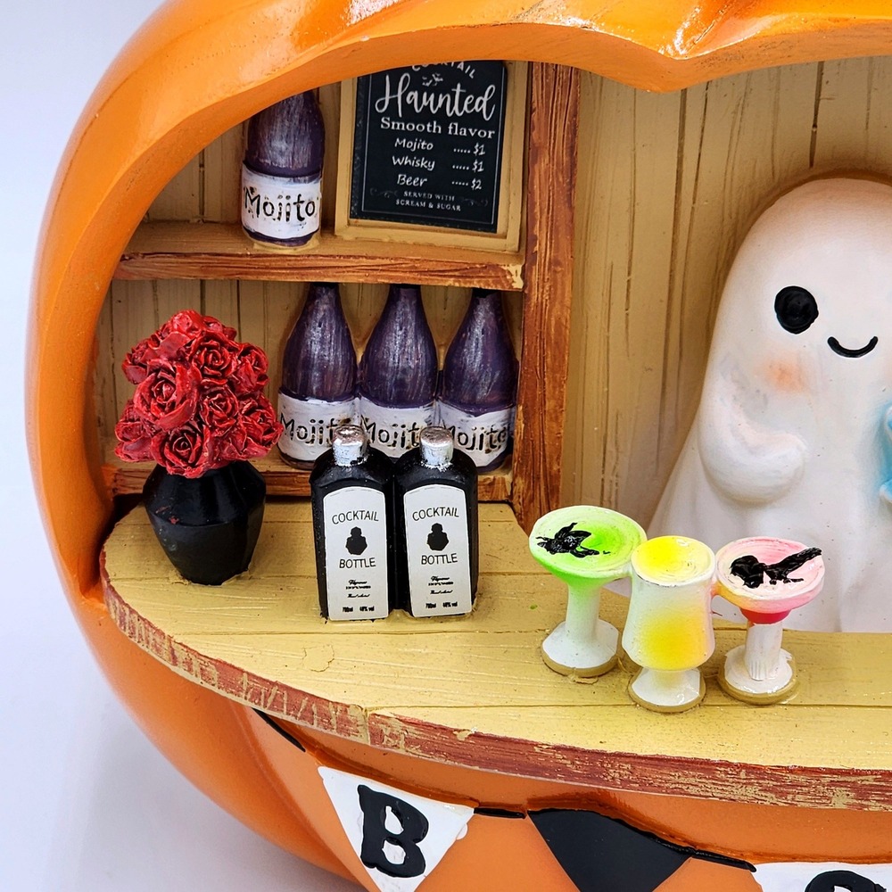 Halloween Ghost Pumpkin Bar Figurine Orange Spooky Whimsical 9" Haunted Bar Boo - Picture 3 of 10